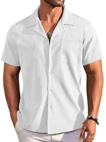 COOFANDY Men's Short Sleeve Shirts Button Down Summer Beach Shirt Lightweight Solid Tops White L