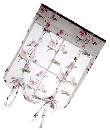 TOPPERFUN Semi Sheer Floral Roman Window Curtain Sling 1.2x1.6m Pink for Living Room Balcony Bedroom