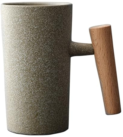Jarsense 220ml Coffee Mug with Wooden Handle, Handmade Ceramic Vintage Mug Coffee Mug Home Office Water Mug Tea Mug Gifts for Friends (White)
