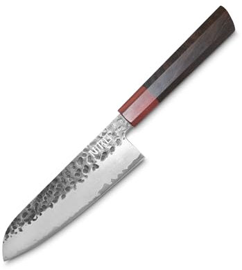 NIRO Coltello Professionale Giapponese Santoku in Acciaio Damascato, 67 Strati, Durezza 60 HRC, Manico Pregiato in Ebano e Sandalo, Bilanciamento perfetto, Resistente all’usura