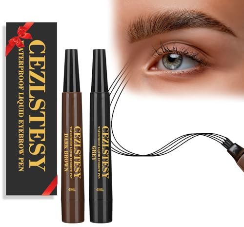 2 PCS Wasserfester Augenbrauenstift, Microblading Tattoo Brauenstift, Wasserfester 3D Augenbrauenstift mit 4 Gegabelten Spitzen, Langlebig und Natürlich (Dunkelbraun*1 + Grau*1)