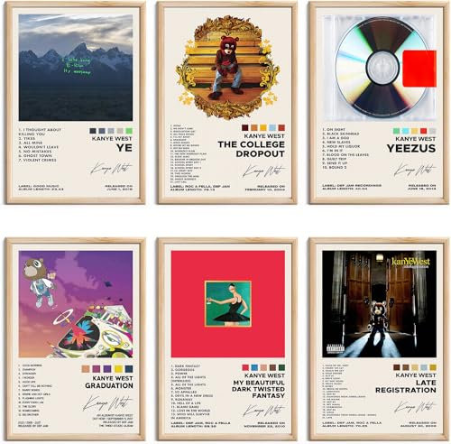 Kanye West Poster, Albumcover, signiert, limitierte Poster, Drucke, Rapper, Musikposter, Raum, ästhetische Leinwand, Wandkunst, 6er-Set für Teenager und Mädchen, Wohnheim-Dekoration, 20,3 x 30,5 cm,