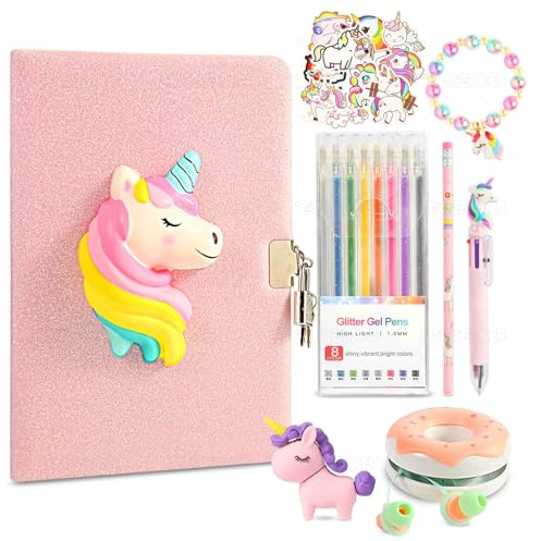 homicozy Tagebuch für Mädchen mit Schloss, 64 Stück Glitzer Einhorn Plüsch Notizbuch mit Kopfhörer, 8 Glitzerstifte, Aufkleber, 160 Seiten A5 Geheimes Tagebuch, Schreibwaren Geschenke für 8-12 Kinder