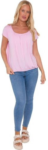 Women’s Plain Gypsy Scoop Neck Elastic Waist Top Cap Sleeve Vest Ladies Loose Fit Top Gathered Pleated Blouse Shirts Elasticated Stretch Summer Baby Pink 16-18