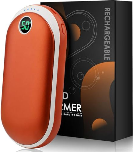 Handwärmer Wiederaufladbar, 10000mAh Tragbare Elektrische Taschenwärmer Power Bank mit 15 Std Lang Anhaltende Wärme, Digitalanzeige, 3 Heizstufen USB Handwärmer für Camping (Orange, 12 x 6.5 x 2.8 cm)