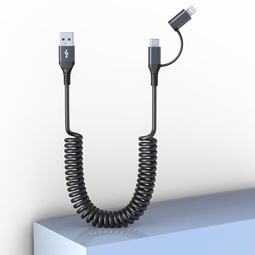 Apple 2 in 1 USB C & Lightning Cable - 3A Fast Charging & Data Sync, Coiled Cable for iPhone 15 Plus 14 13 12 11 Pro/Max & USB C Android Smartphones