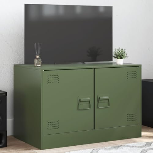 Bulliing Mobile TV Verde Oliva 67x39x44 cm in Acciaio,Mobile TV Mobile Porta Televisore,Mobiletto Industriale Tavolino Basso Vintage Console per Salotto
