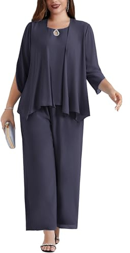 Hanna Nikole Damen Große Größen Chiffon Abendanzug Sets Cocktail Party Festlich Elegant 3-Teiliges Set Shirt Und Hohe Taille Hosenanzug