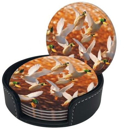Stilvolle Untersetzer – Mallard Ducks, 6er-Set, runde Getränkeuntersetzer aus Leder mit Halter – perfekte Größe für Tassen und Gläser