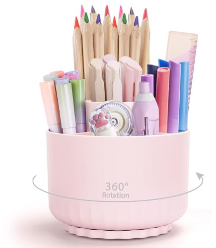 Rotatif Pot a Crayon, Organisateur De Bureau Rotatif à 360° Avec 5 Compartiments, Porte-Crayons Pour Bureau, école, Crayons Et Autres Articles De Papeterie(Rosa)