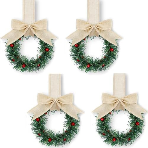 Fnaobai Coronas de Navidad para armario de cocina de 13 cm con cinta, 4 piezas de mini hojas verdes artificiales de Navidad para decoración de ventana de Navidad, pared, puerta delantera (lino)