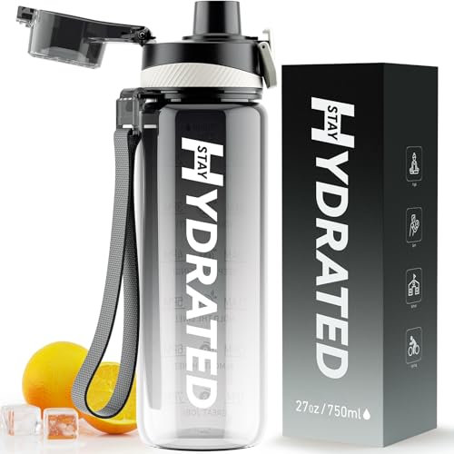 Mevoly Gourde 750ML, Tritan Gourde Sport Motivation sans BPA, Transparente avec Graduée, Anti Fuite, Bouteille 0,75 Litre pour Camping, Randonnée, Yoga, Femme, Homme (Forêt Noire)