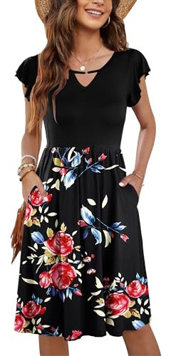 PLOKNRD Women's Summer Dress V-Neck Ruffle Sleeve Ladies Dress Elastic Waist Loose Swing Casual Dress with Pockets Knee Length (Black Rose Black,XL)