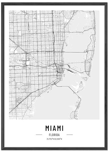JUNOMI® Miami Poster 50x70 cm mit Rahmen Schwarz, Wohnzimmer Deko, Modernes Wandbild, Miami Bild, Wandbild mit Rahmen, Stadtplan Poster Miami, perfekte Geschenkidee für Miamier