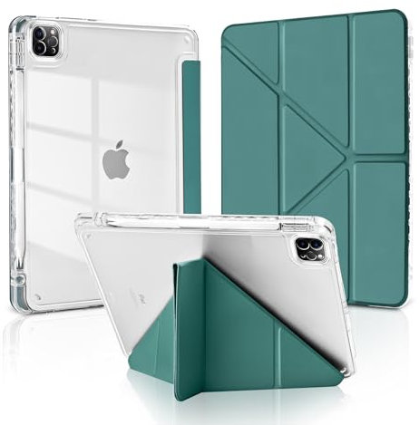 MuyDoux Custodia Origami per iPad Pro 11 Pollici 2022/2021/2020/2018 (4ª/3ª/2ª/1ª Generazione) con Portapenna, Angoli di Visione Multipli 5 in 1, Cover Retro Trasparente Chiaro Antiurto, Verde Notte