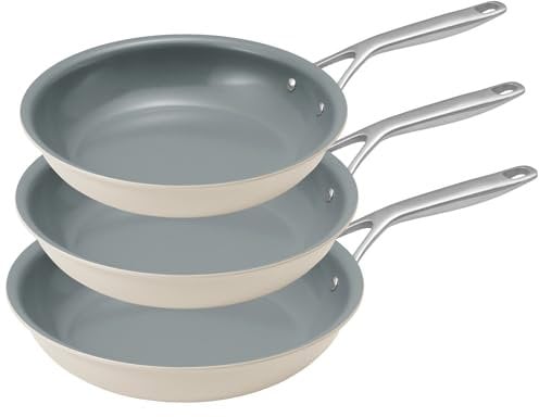 BLAZANT Pfannenset Induktion mit vollflächiger Edelstahlboden, Bratpfanne 20+24+28 cm, Keramikpfanne Bratpfanne Induktion für alle Herdarten - Antihaft, PFOA- & PFOS-frei,mit Gussstahlgriff, Beige
