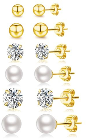 LOUMILEO Set di 6 paia di orecchini a chiodo dorato, ipoallergenici, piccoli chiodi di perla, da donna, mini borchie in zirconia cubica, per donne e uomini, 3-6 mm