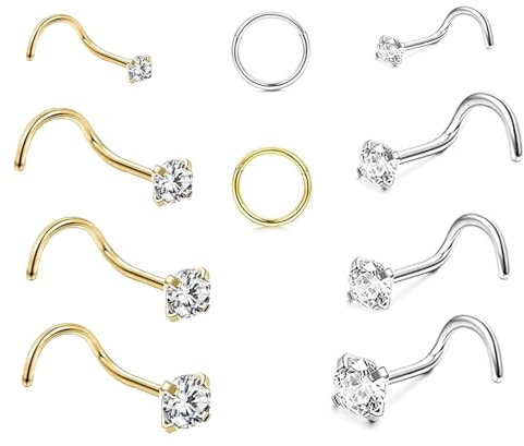 agogue 10 Stück 1,5 mm 2 mm 2,5 mm 3 mm nasenstecker Gold Nasenpiercing Gold Unisex Nasenstecker Elegant Nose Piercing Silber für Verschiedene Outfits und Jeden Anlass（Golds und Silber）