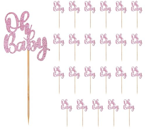 24st Oh Baby Cupcake Topper, Glitzer Kuchen Topper Oh Baby Partydekorationen Süß Cupcake Picker Dekoration Partyzubehör für Hochzeits- Geburtstags- und Babyparty-Dekor (Rosa)