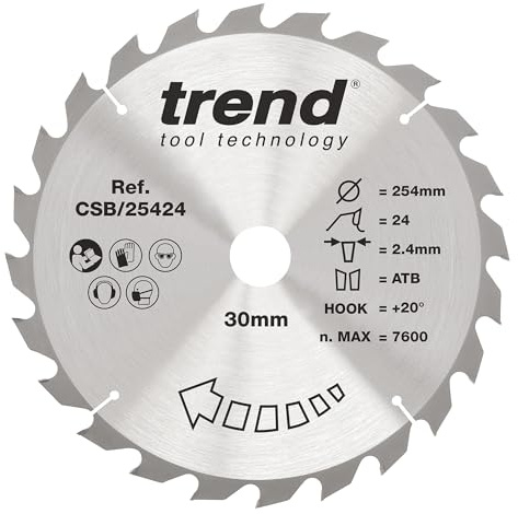 Trend 254mm x 30mm 24T Wood Circular Saw Blade, TCT, +20° Hook | Ideal For Fast Coarse Cuts In Wood, With 24 Teeth, 2.4mm Kerf And 30mm Bore, For Table Saws, CSB/25424