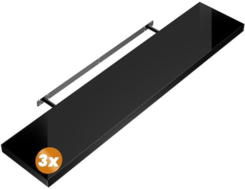 Casaria® 3X Wandregal Holz Schwarz Hängeregal mit Halterung 15kg Tragkraft Küche Wohnzimmer Flur Schweberegal Bücherregal Schwebend Hochglanz 110cm