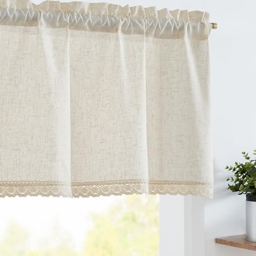 TOPICK Scheibengardinen Küche Beige Spitzenborte Leinen Bistrogardine mit Tunnelzug Volant für Wohnwagen kinderzimmer Landhausstil Shabby Chic Gardinen Kurz Halbtransparente 1er Set 127Bx46HCM