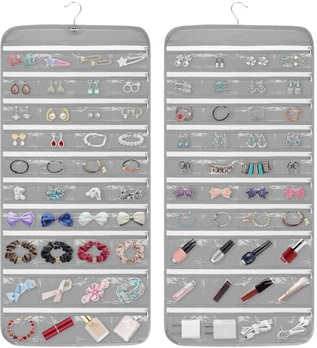 EEEKit 80 Tasche Organizzatore Di Gioielli Sospeso, Supporto Per Porta Gioielli Bifacciale Con Cerniera Gancio, Organizzatore Di Gioielli Da Parete Armadio, Gancio Per Orecchini Collane Bracciali