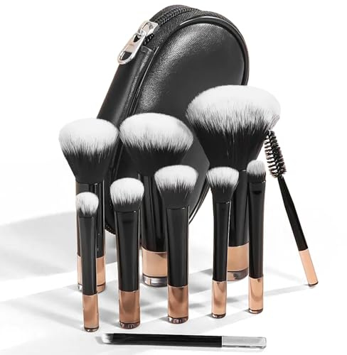 Omnikryp Set med 10 stycken sminkborstar, professionella sminkborstar, premium syntetisk borste makeup, foundation puder rouge concealer, ögonskuggsborste, sminkväska, svart
