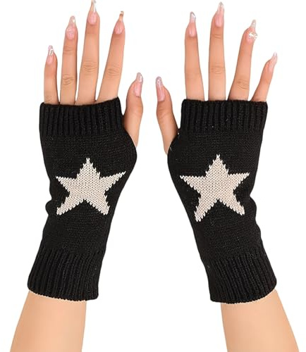 FveVqe Fingerless Gloves for Women, Star Print Fashion Fingerless Gloves, Arm Warmers for Autumn and Winter Outdoor Activities, Driving and Office Typing(Black)