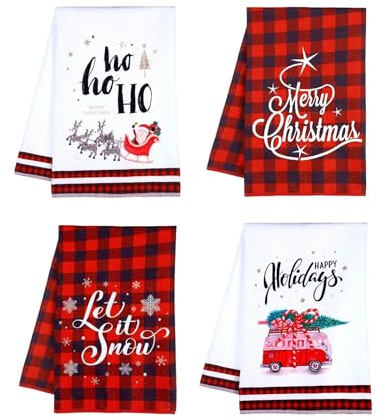 MAOYING Set of 4 Christmas Kitchen Towels Made From 100% Cotton (40 x 60 cm), Festive Patterned Towels for Kitchen, Christmas Decoration, Dishcloths, Tea Towels Highly Absorbent Long-lasting