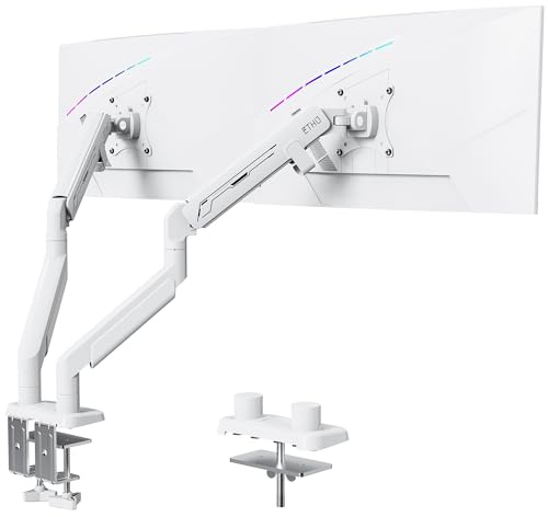 ETHU Dual Gas Spring Monitor Arm with Pole for 17-38 Screens up to 14kg | Heavy Duty Dual Monitor Desk Mount, Full Adjustable VESA Monitor Mount,Gas Spring Dual Monitor Stand, White