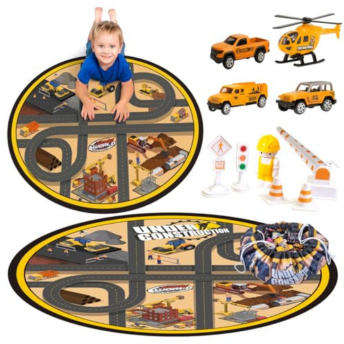 Toyana 2-in-1 Play Mat & Drawstring Tidy Bag, 15 PCs Construction Playset Toy Cars & Sign Board, City Road Play Rug & Car Map, Toy Storage Bag for Indoor Outdoor Activity Playmat for Kids & Toddlers