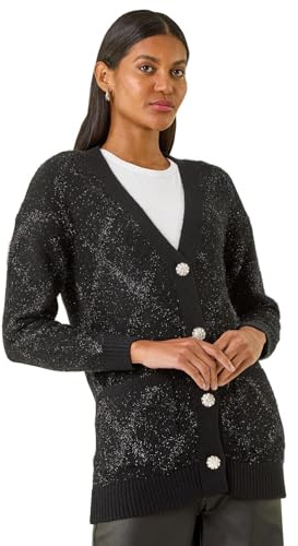 Roman Originals Longline Tinsel Knit Cardigan for Women UK - Ladies Everyday Autumn Winter Comfy Soft Evening Vacation Work Party Night Out - Black - Size 16
