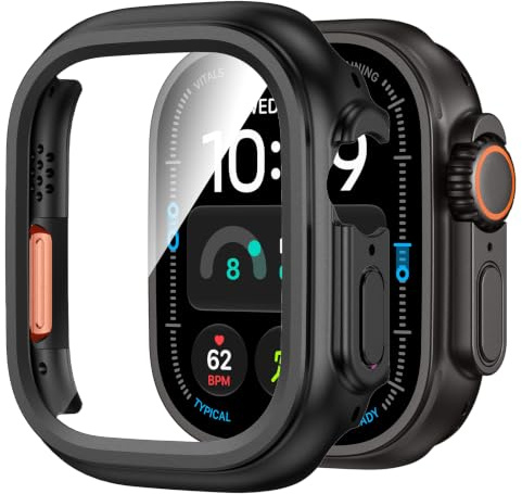Kamita Wasserdicht Hülle mit Schutzfolie für Apple Watch Ultra 3/2/1 49mm | Hart PC Bumper Case mit Displayschutz aus Gehärtetem Glas, Stoßfest Voller Körper Gehäuse für iWatch 49, Schwarz