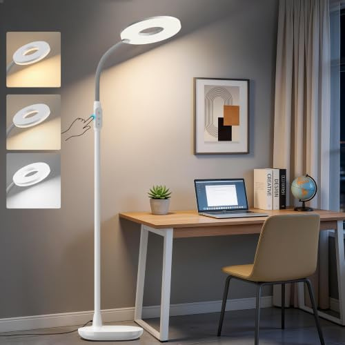 GyroVu Weiß Stehlampe 176 cm, LED Leselampe mit flexiblem Schwanenhals | Touch-Steuerung stufenlos dimmbar 3000K–5000K, augenschonend Standleuchte für Wohnzimmer, Schlafzimmer, Büro