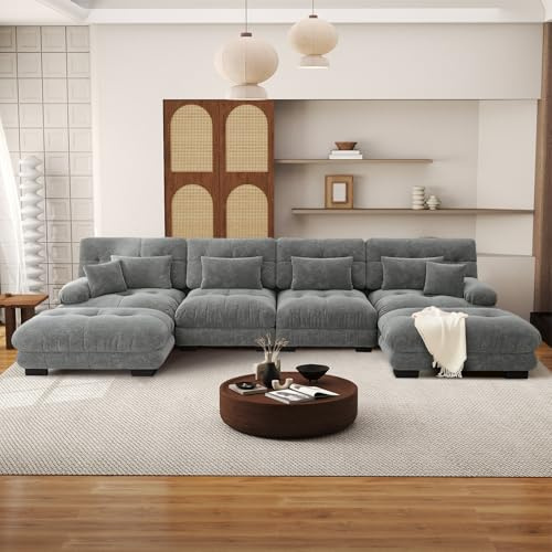 SoarFlash Canapé modulaire 4 Places Salon Moderne - Chenille, Bois Massif, reposes-Bras, 2 Repose-Pieds, Gris, 145×406cm
