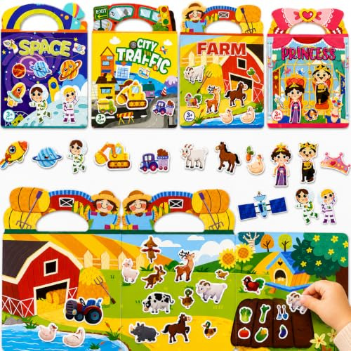 Dubydu 4 Stück Wiederverwendbare Stickerbücher für Kinder ab 3+, 250 3D-Jelly-Sticker – Weltraum, Prinzessin, Transportmittel, Bauernhof，Kleinkinder Geburtstag Partyzubehör
