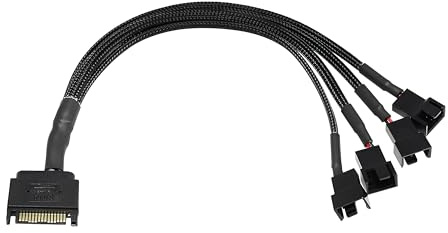 SATA to 4-Pin Fan Splitter Cable | 15 Pin SATA Male to 4x 3/4 Pin PWM Compatible Power Adapter | 27cm Black Sleeved PC Case Fan Extension Cord | Multi-Fan Power Converter for Computer Cooling Systems