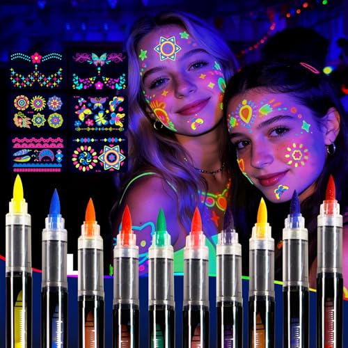 Sovano Glow Party Face & Body Paint Markers, 10 Neon UV Blacklight Pens | with Fluorescent Stickers, Water-Resistant, Skin-Safe and Washable for Halloween, Raves and Parties, Glows Under UV Light