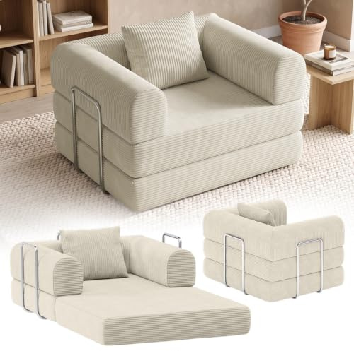 skølm Lofn Sessel 1-Sitzer 115 cm, Cord Beige, mit 2 Kissen, Schlafsessel | Modularer Cordsessel für Wohnzimmer, ausklappbarer Klappsessel, Vollschaumcouch mit Stahlgestell, vakuumverpackt, Bodensessel