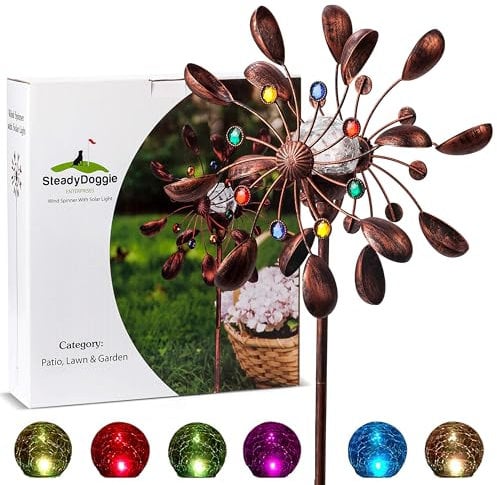 Steadydoggie Moulin à Vent Solaire 190,5 Cm - Lampe LED à énergie Solaire Et Pierres Colorées - Globe en Verre avec Moulin à Vent Cinétique - Lanterne Solaire pour La Decoration Jardin Exterieur