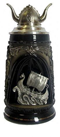King German Grotto Stein, Black, Pewter Vikinghelmetlit, ptd. Pewter lid, 0.5 Liter tankard, Beer Mug