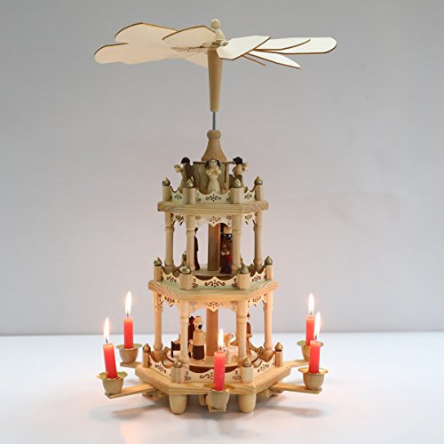 Christmas Wooden Windmill Pyramid 18 Inch -3 Tier Candle Carousel with Hand-Painted Nativity Scene with Turning Wings with 6 Candle Holders