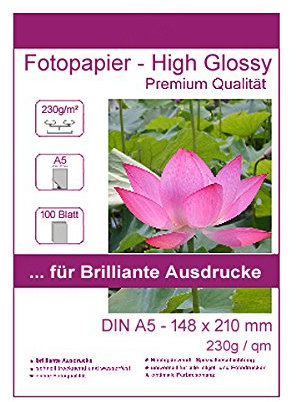 100 Blatt DIN A5-148x210 mm 230g/m² Fotopapier Hglossy wasserfest Photopapier hochglänzend high glossy wasserfest photopaper photo paper glänzend 230g / m² 230g/qm DIN A5-148 x 210 mm 14,8 x 21 cm