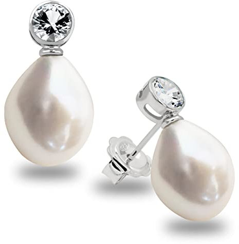 Damen Perlenohrringe mit 12-13 mm Barock Süßwasser Zuchtperlen Weiß mit Zirkonia - SECRET & YOU - Perlenohrstecker 925er Sterling silber