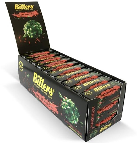 Bitters Gomma da Masticare Energetica con Caffeina e Taurina, Energy Chewing Gum with Caffeine and Taurine, 30 Confezioni (30x13,5g) - Melone (data di scadenza 12.10.2025)