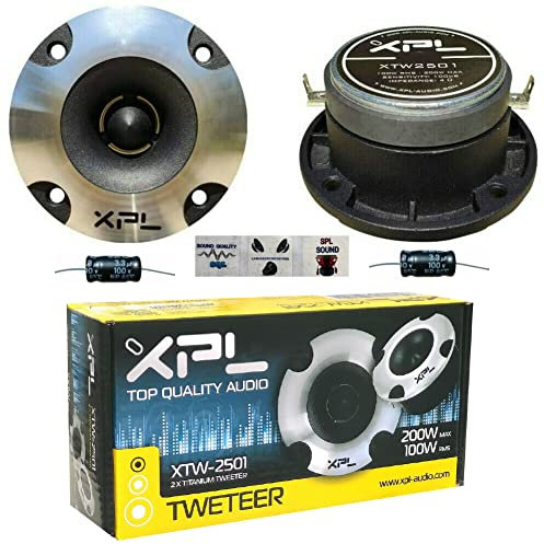 XPL 2 tweeters XTW2501 Ultra Slim con 100 vatios rms y 200 vatios máx 10 cm de diámetro 4 100 db sensibilidad con Profundidad Reducida 4,2 cm, por par + 2 condensadores y 3 Sticker Gratis
