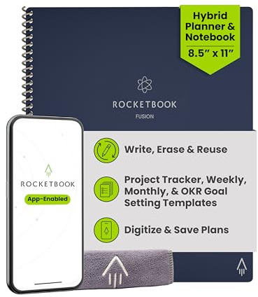 Rocketbook Fusion Reusable Digital Notebook - Smart Notepad A4 Blue, 7 Styles, To Do List, Daily Bullet Journal, Weekly & Monthly Planner with Frixion Erasable Pen, Office Gadget Reduces Paper Waste