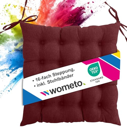 wometo Stuhl Sitzkissen 40x40 Oeko-TEX mit Bändern/Schleifen dunkelrot | gesteppte Sitzpolster / Stuhlkissen mit Steppung für Indoor und Outdoor, drinnen und draußen nutzbar