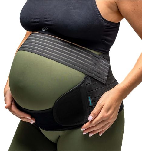 BABYGO® Bauchgurt Bauchband Schwangerschaft | Schwangerschaftsgürtel Stützgürtel bauchstütze beckengurt | inklusive Übungsbuch - Yoga für Schwangere M Schwarz